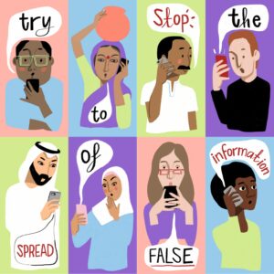 Ein Comic mit der Aussage "try to stop the spread of false information".