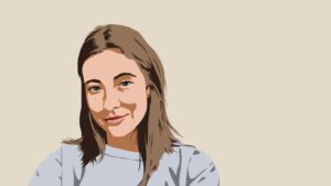 Zeichnung einer Frau mit brünetten Haaren. Die Zeichnung bildet die YouTuberin "Melina Sophie" ab.