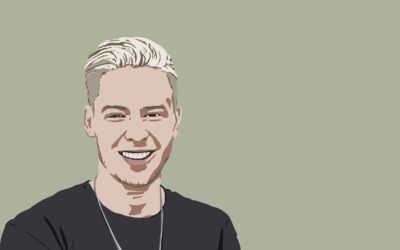 Zeichnung eines lächelnden Mannes mit blonden Haaren. Die Zeichnung bildet den YouTuber "Rewinside" ab.