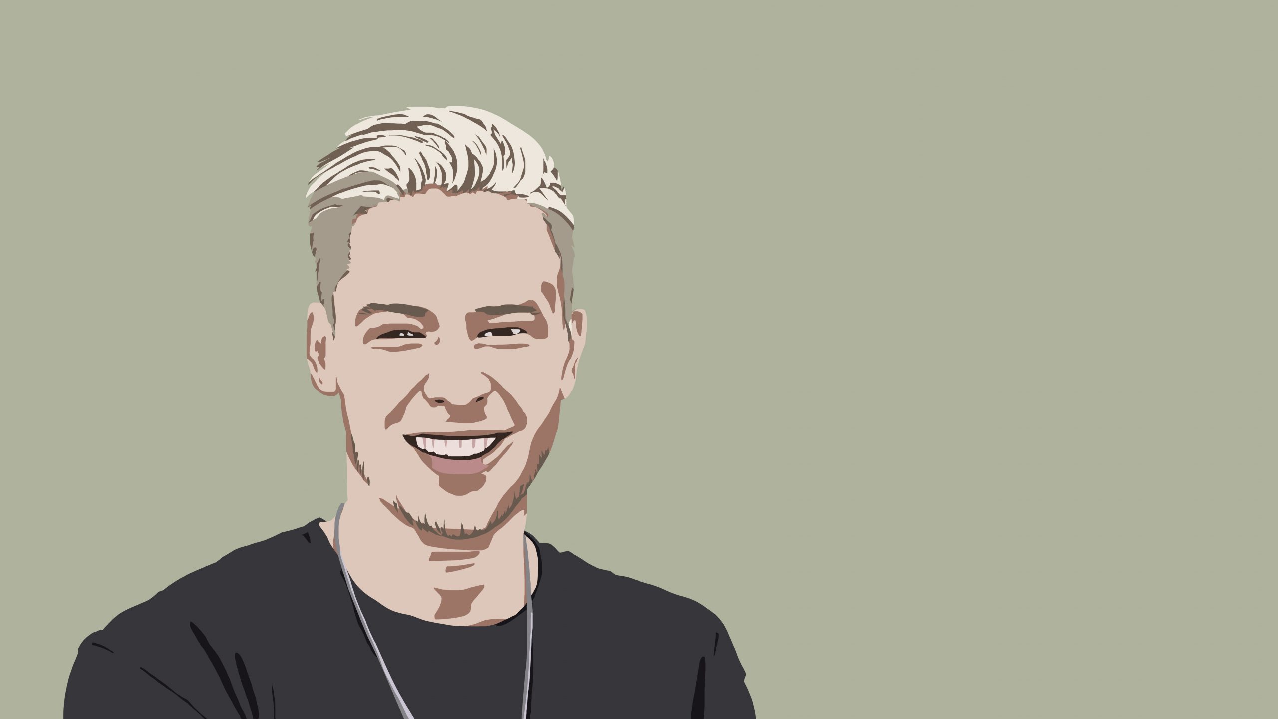 Zeichnung eines lächelnden Mannes mit blonden Haaren. Die Zeichnung bildet den YouTuber "Rewinside" ab.