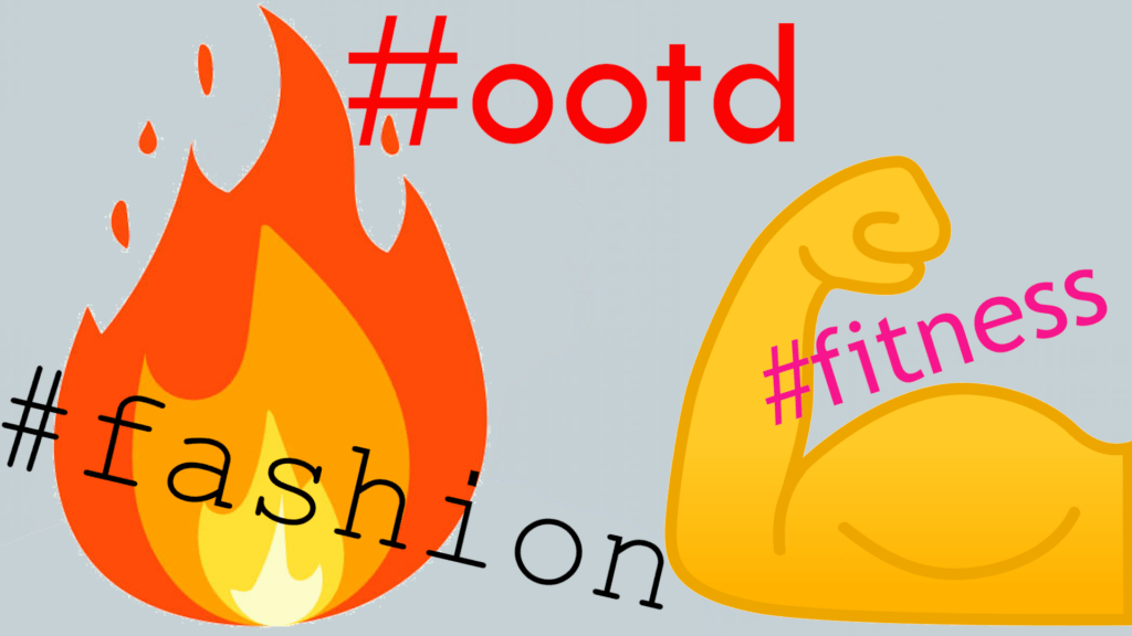 Abbildung, die verschiedene Emojis und häufig genutzte Hashtags zum Thema Körperbilder auflistet
