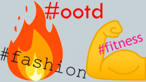 Abbildung, die verschiedene Emojis und häufig genutzte Hashtags zum Thema Körperbilder auflistet