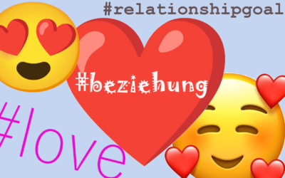 Abbildung, die verschiedene Emojis und häufig genutzte Hashtags zum Thema Liebesbeziehungen auflistet
