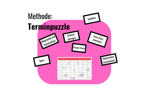 Methodentitel Terminpuzzler vor pinkem Hintergrund mit Stundenplan und Notizzetteln