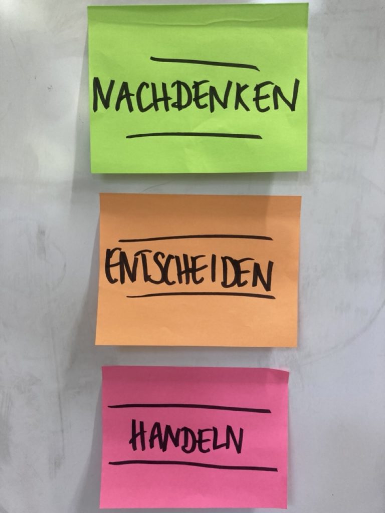 Drei farbige Post-Its mit den Worten: Nachdenken, Entscheiden, Handeln